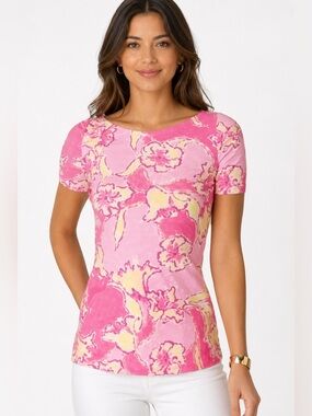 Lilly Pulitzer Womens Floral Top Pink/Yellow M Cotton Relaxed V neck